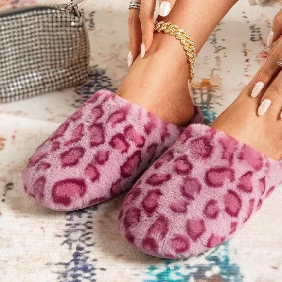⚡Women's Cheetah Pink Fuzzy Scuff Slippers Soft Comfy Memory Foam Non Slip